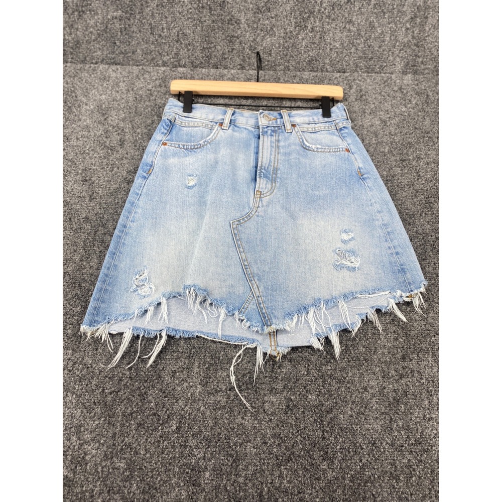 Zara Premium Denim Mini Skirt Womens 28 Light Wash Distressed Raw Hem Asymmetric